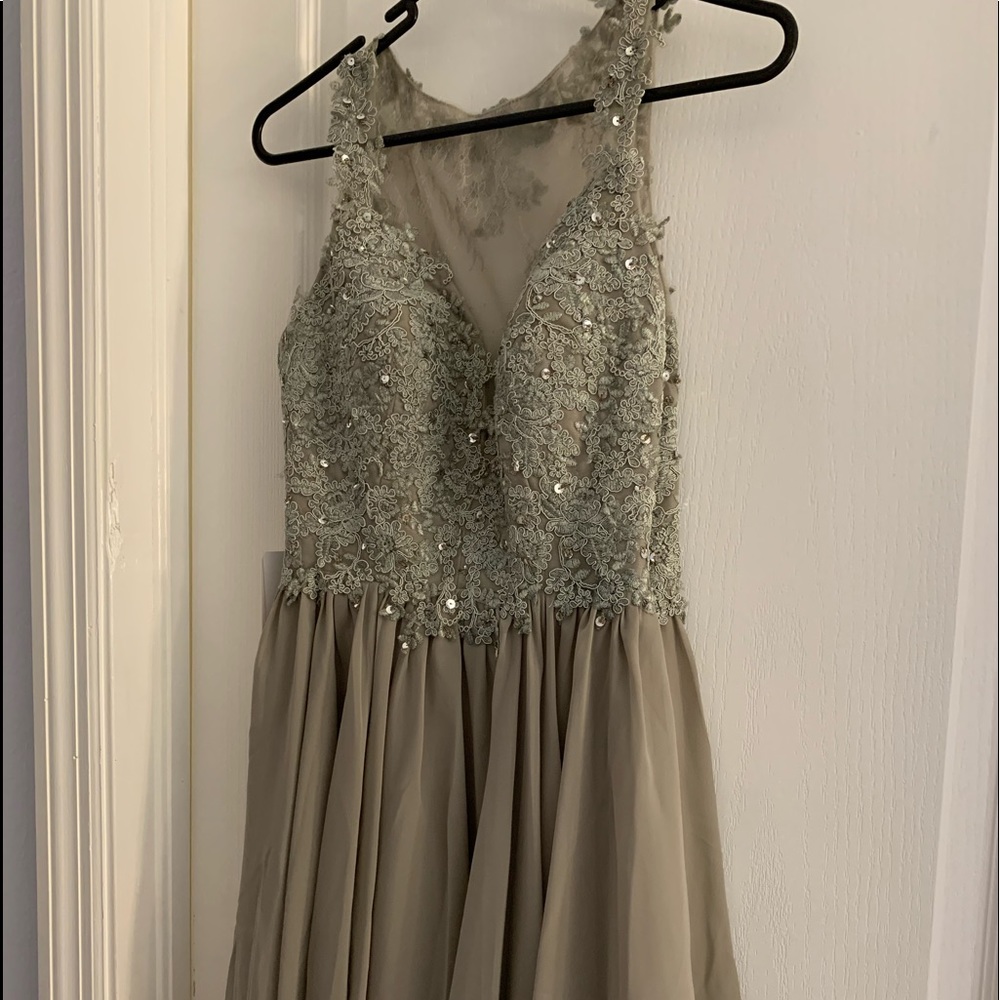 Silver homecoming dress with beautiful silver embroidery on the top
